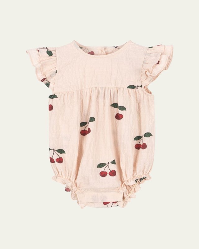 Girl's Coco Cherry-Print Bubble Romper, Size 3M-18